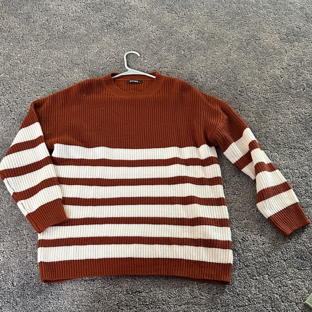 Rust and Cream Striped Women's Crewneck Sweater